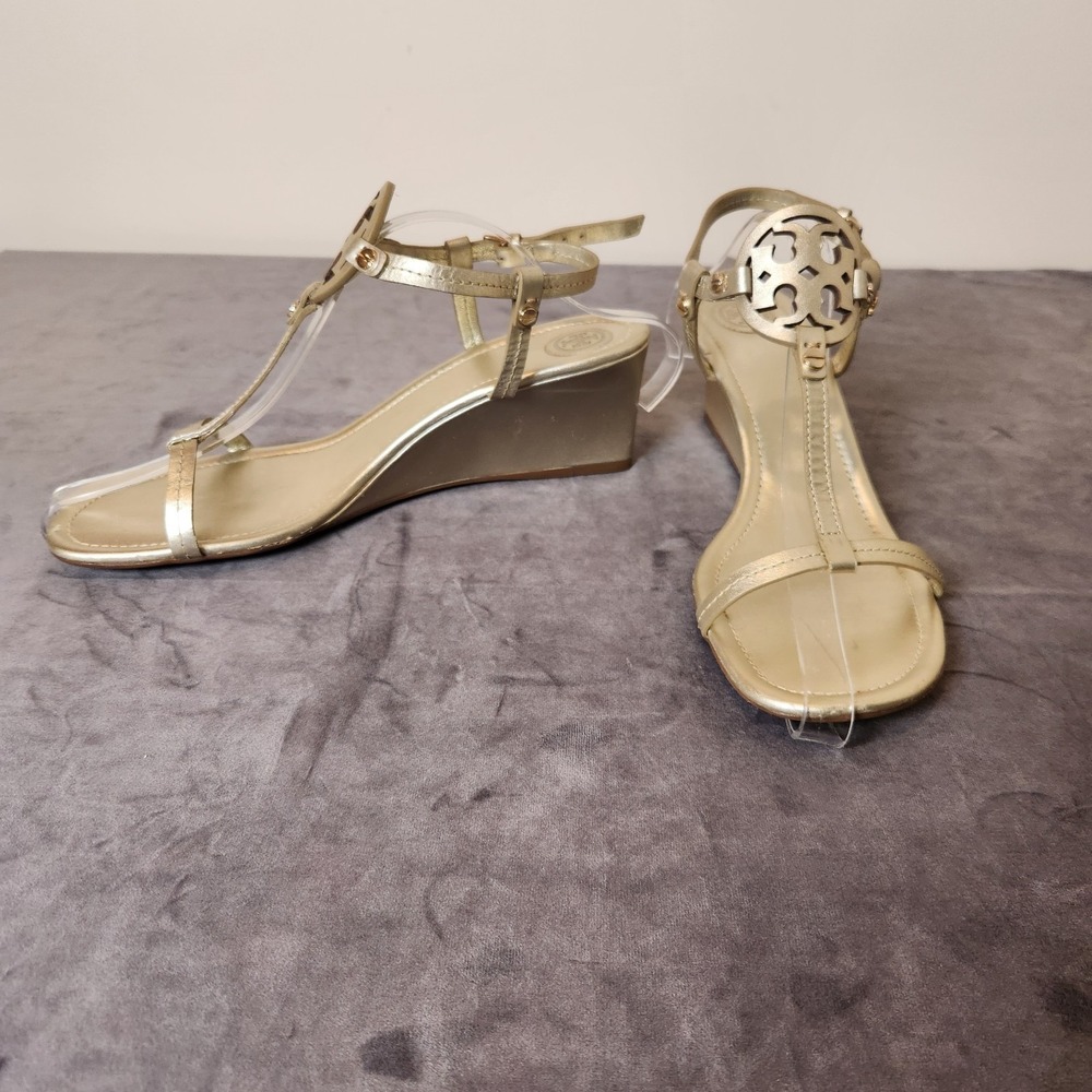 Tory Burch Gold Metallic Miller Logo T-Strap Low Wedge Sandal Leather Size 10M - Picture 7 of 9